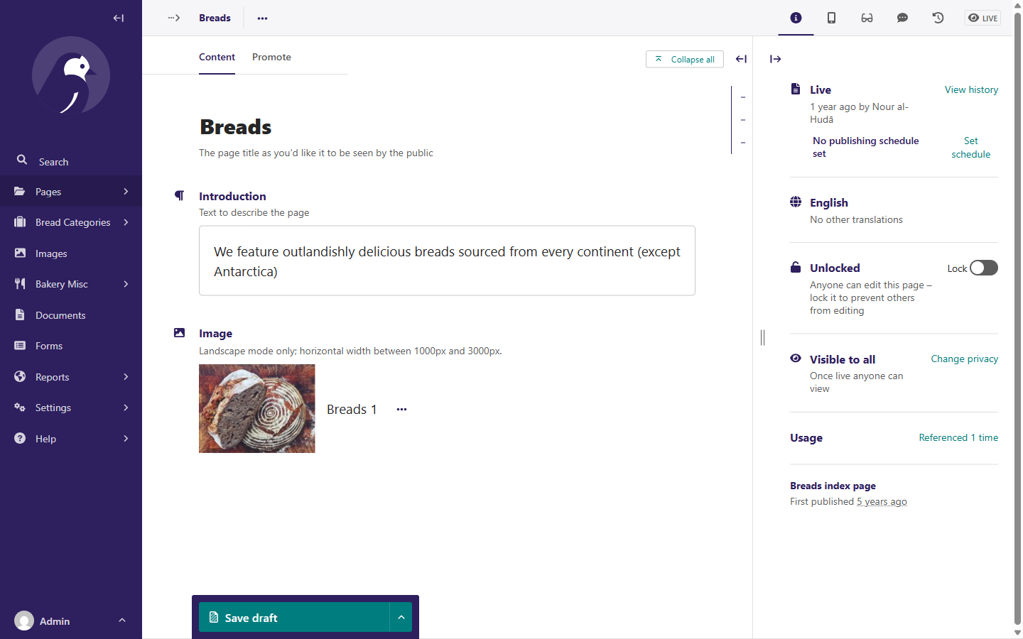 Wagtail admin page editor showing a greyed-out locale field with no edit option